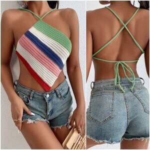SHEIN Y2k Rainbow Crochet Halter Top